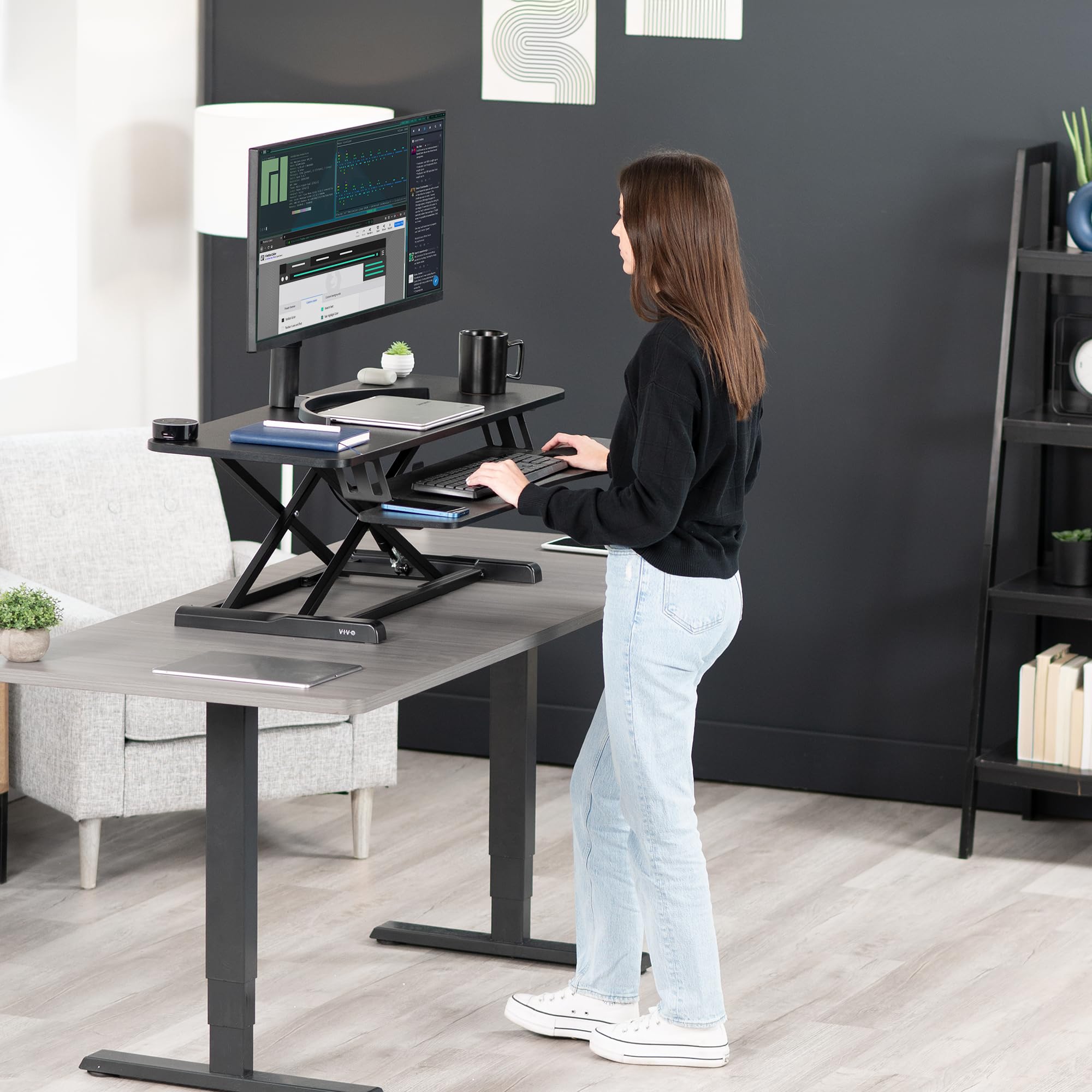 VIVO K Series 42 Inch Height Adjustable Sit Stand Desk Converter - Dual Monitor & Laptop Workstation with Wide Keyboard Tray (Black, DESK-V042KB) - Perfect for Home Office, Gaming Setup & Ergonomic Workspace