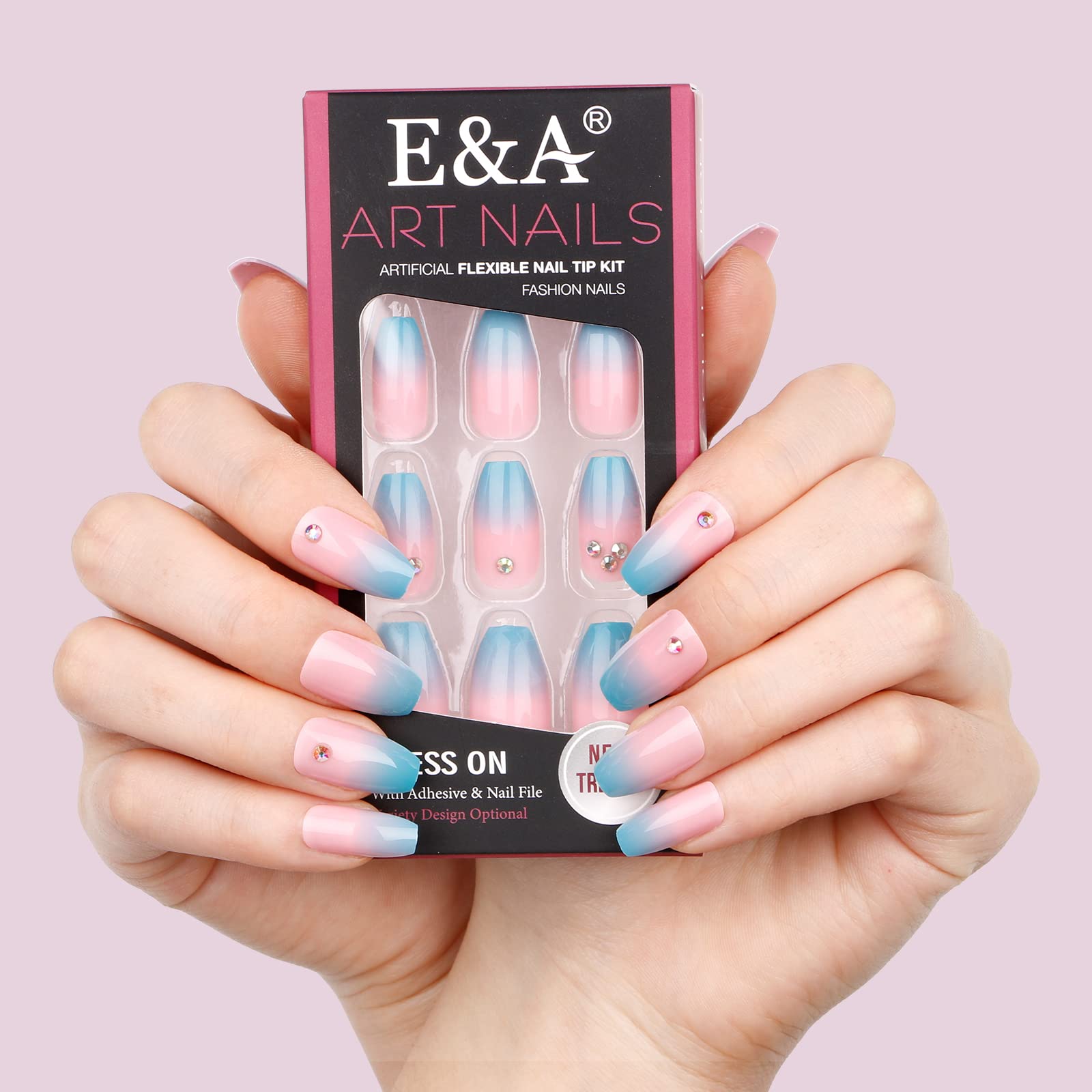 E&A Press On Nails - Blue Pink Gradient Rhinestone Acrylic Fake Nails | UV Finish Short Pointed Almond Shape, Reusable Pastel False Nails, 28PCS Manicure Kit for Parties, Weddings, and Daily Wear