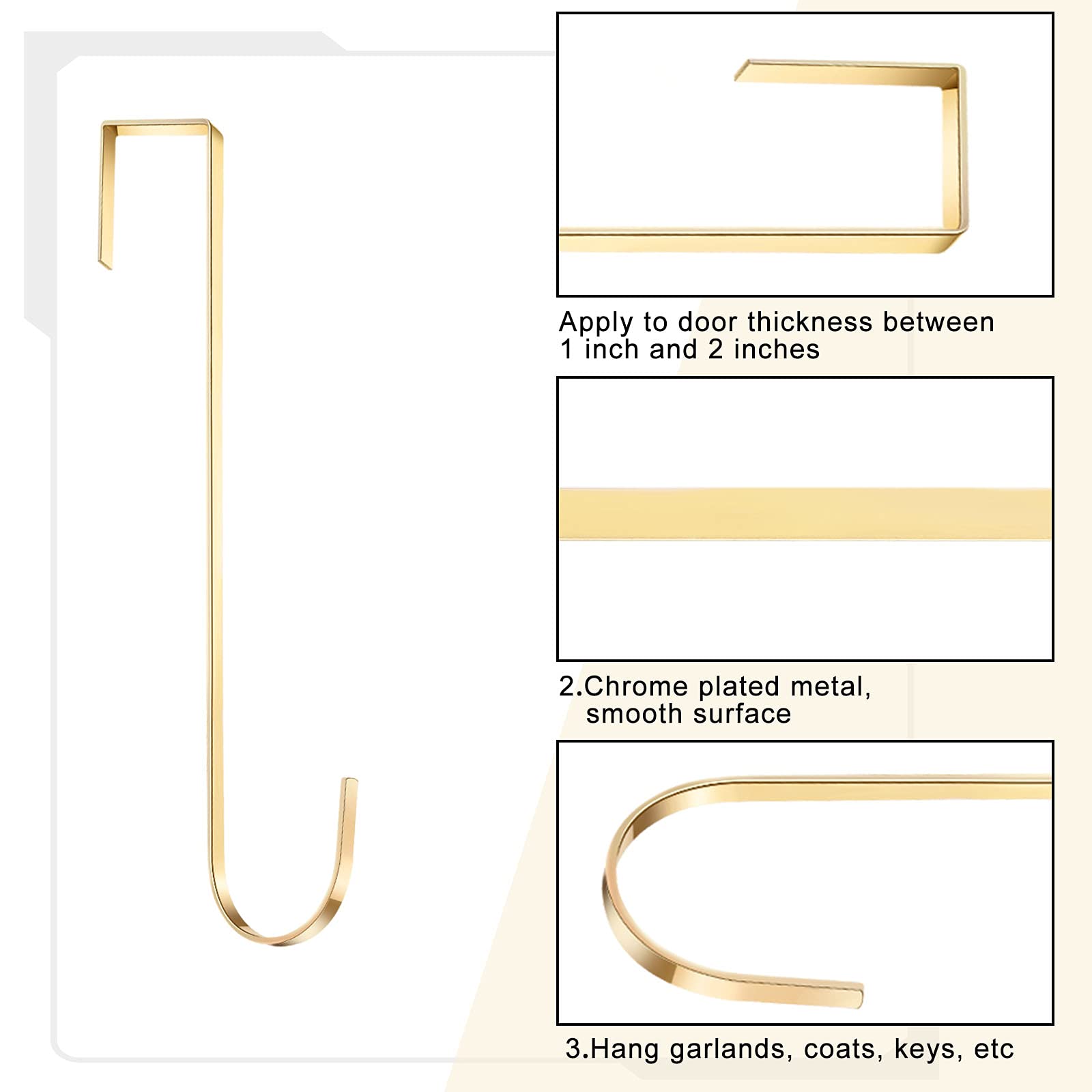 15 Inch Wreath Hanger Hooks - Over Door Metal Hooks for Christmas Decor, Towels & Clothes - Champagne (6 Pack) - Perfect for Front Door, Fireplace & Holiday Home Decor
