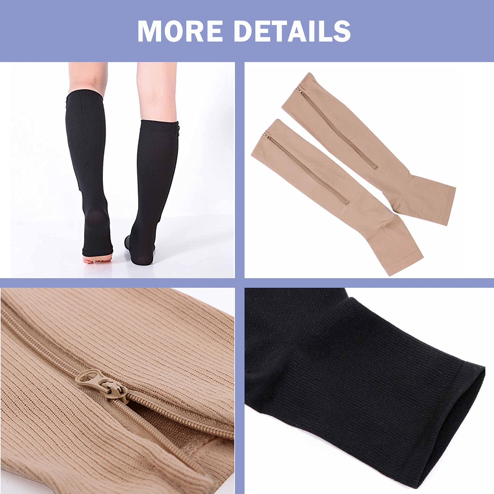 ACTINPUT 2 Pairs Open Toe Compression Socks for Women & Men - Knee High Support Stockings with Zipper for Circulation, Running, Travel & Nursing - Ideal for Varicose Veins Relief & Post-Surgery Recovery
