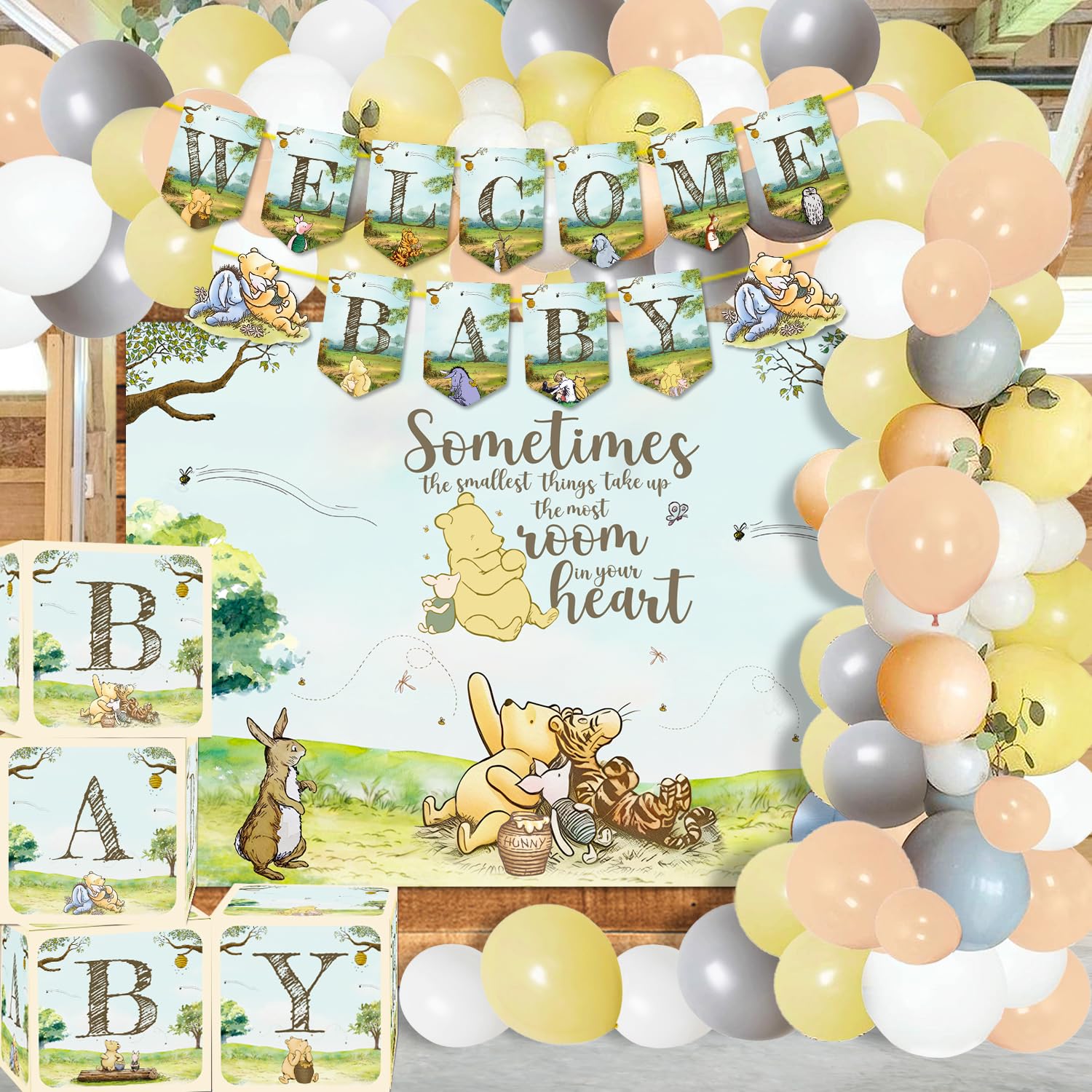 106-Piece Classic Winnie the Pooh Baby Shower Decorations Kit - Welcome Baby Banner, Vintage Balloon Arch, Backdrop & Party Box Decor - Perfect for Baby Showers, Gender Reveals & Nursery Decorations