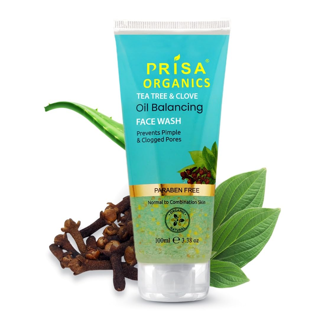 Prisa Organics Tea Tree & Clove Oil Balancing Face Wash for Oily & Sensitive Skin - 100ml | Anti-Bacterial Acne Treatment | Reduces Excess Oil & Prevents Breakouts | Gentle Daily Cleanser for Men & Women | Perfect for Morning & Night Skincare Routine