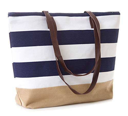Burlap Bottom Leather Handle Stripe Navy