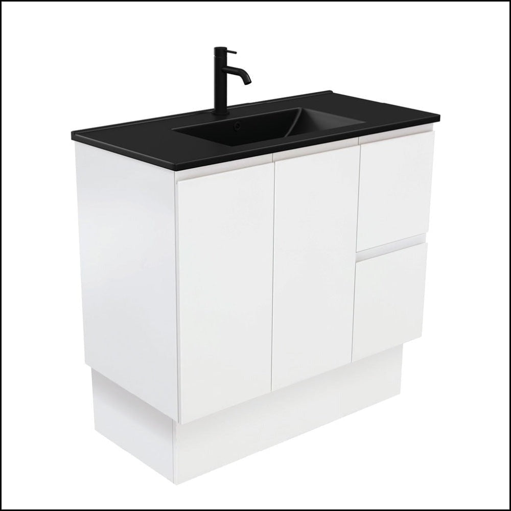 Fienza 900mm TCLB90ZKR Dolce Matte Black Fingerpull Satin White Bathroom Vanity with Kickboard & Right Drawers - Perfect for Modern Home Bathroom Renovation and Space-Saving Storage Solutions