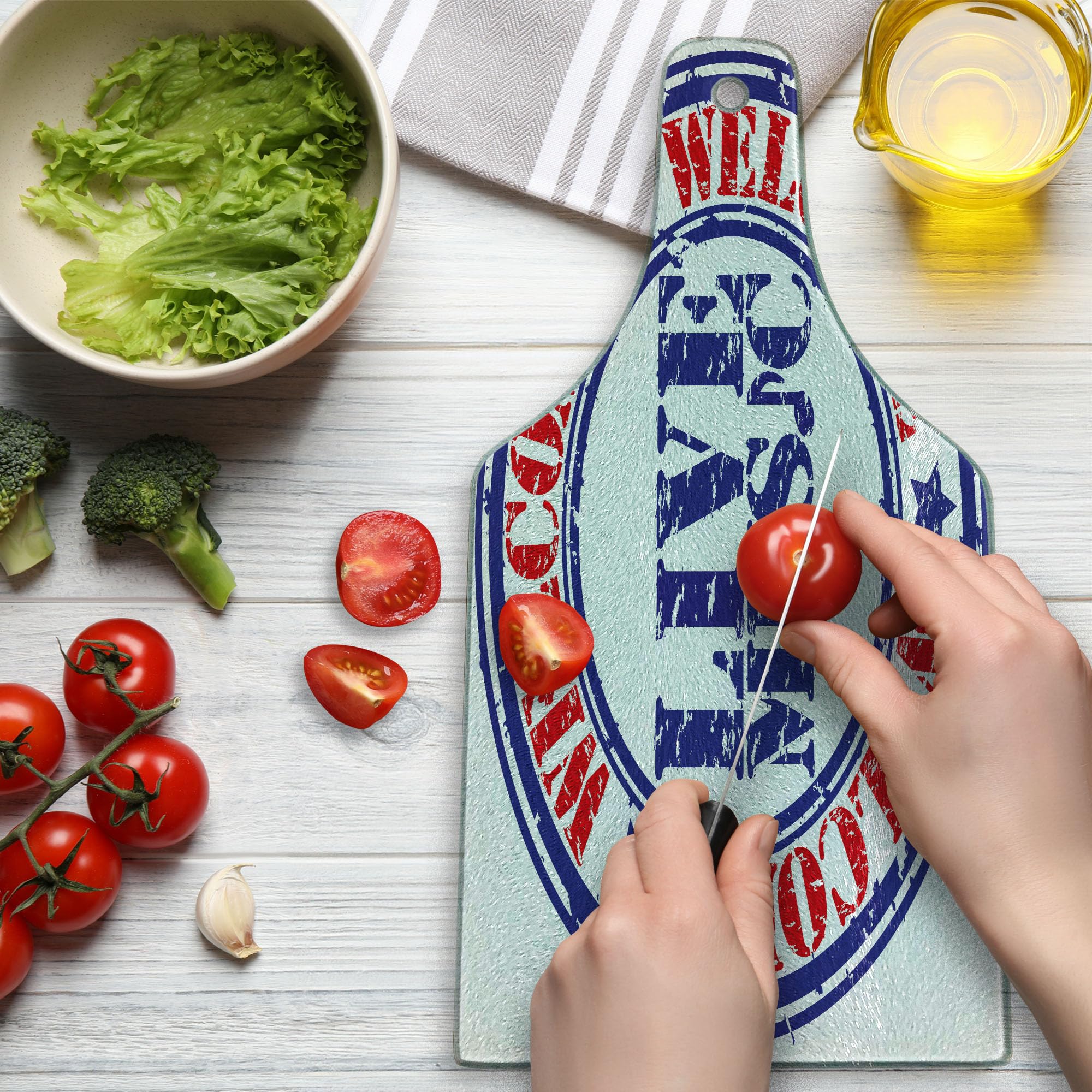 Ambesonne Popstar Party Cutting Board - Grunge Style Live Music Festival Design - Tempered Glass Serving Board for Cheese, Charcuterie & Wine - Blue Red White Wine Bottle Shape - Perfect for Parties, Entertaining & Home Decor