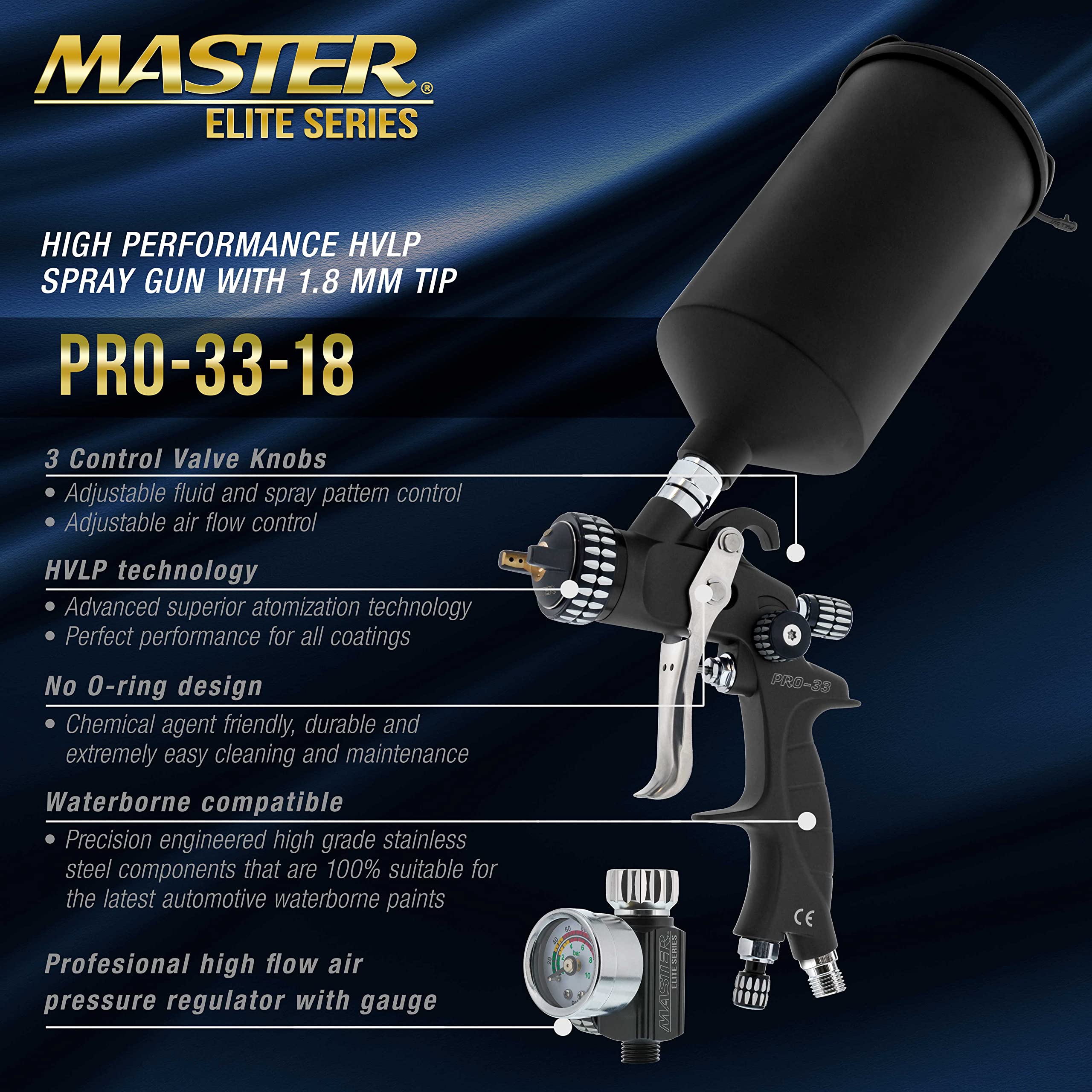 Master Elite PRO-33 HVLP Spray Gun Kit - 1.8mm Nozzle & 25 Disposable Cups for Automotive, Woodworking & DIY Projects - High Performance Gravity Feed Spray Gun for Paint, Stain & Varnish