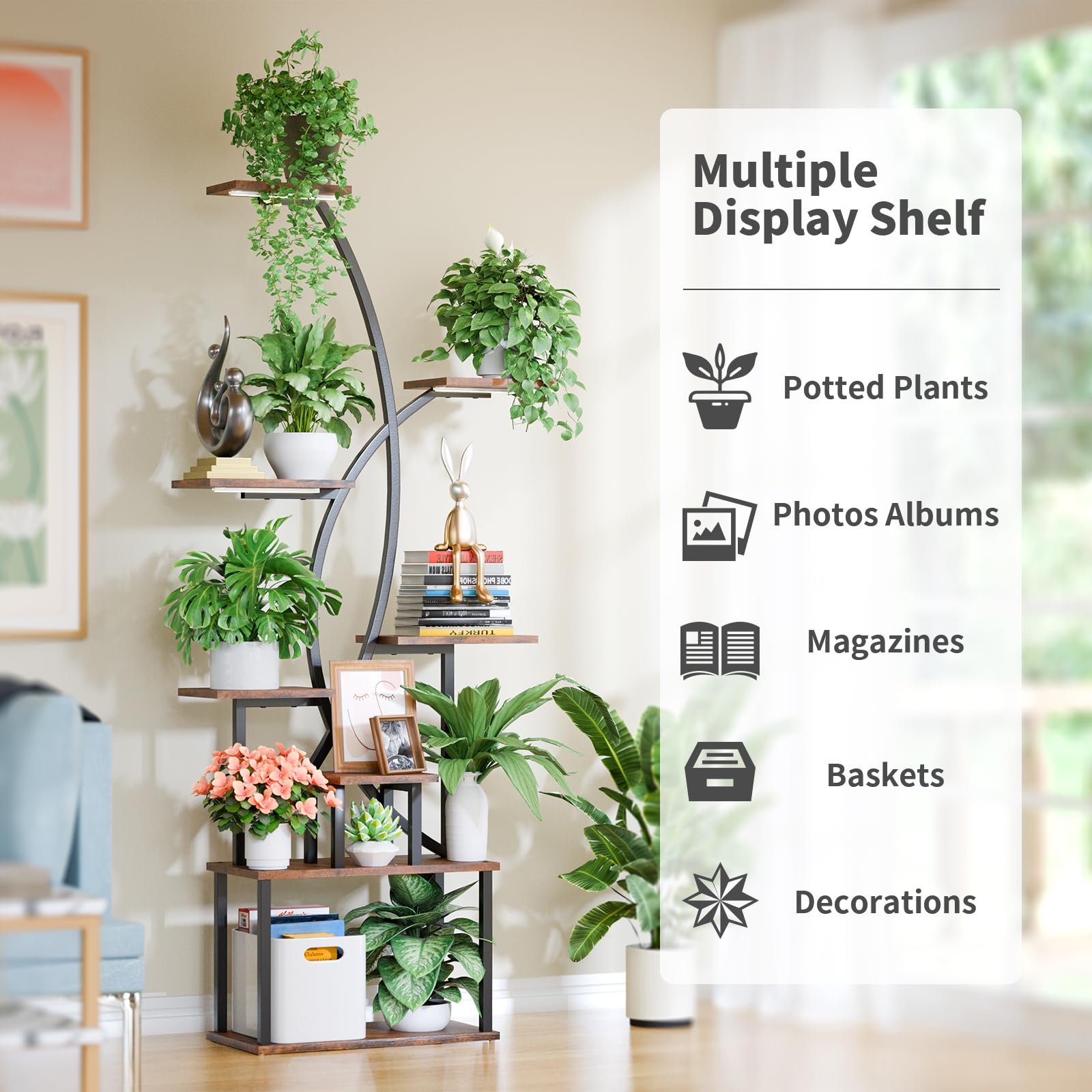 JUSTOGO 8-Tier Tall Metal Plant Stand with Grow Light - 65