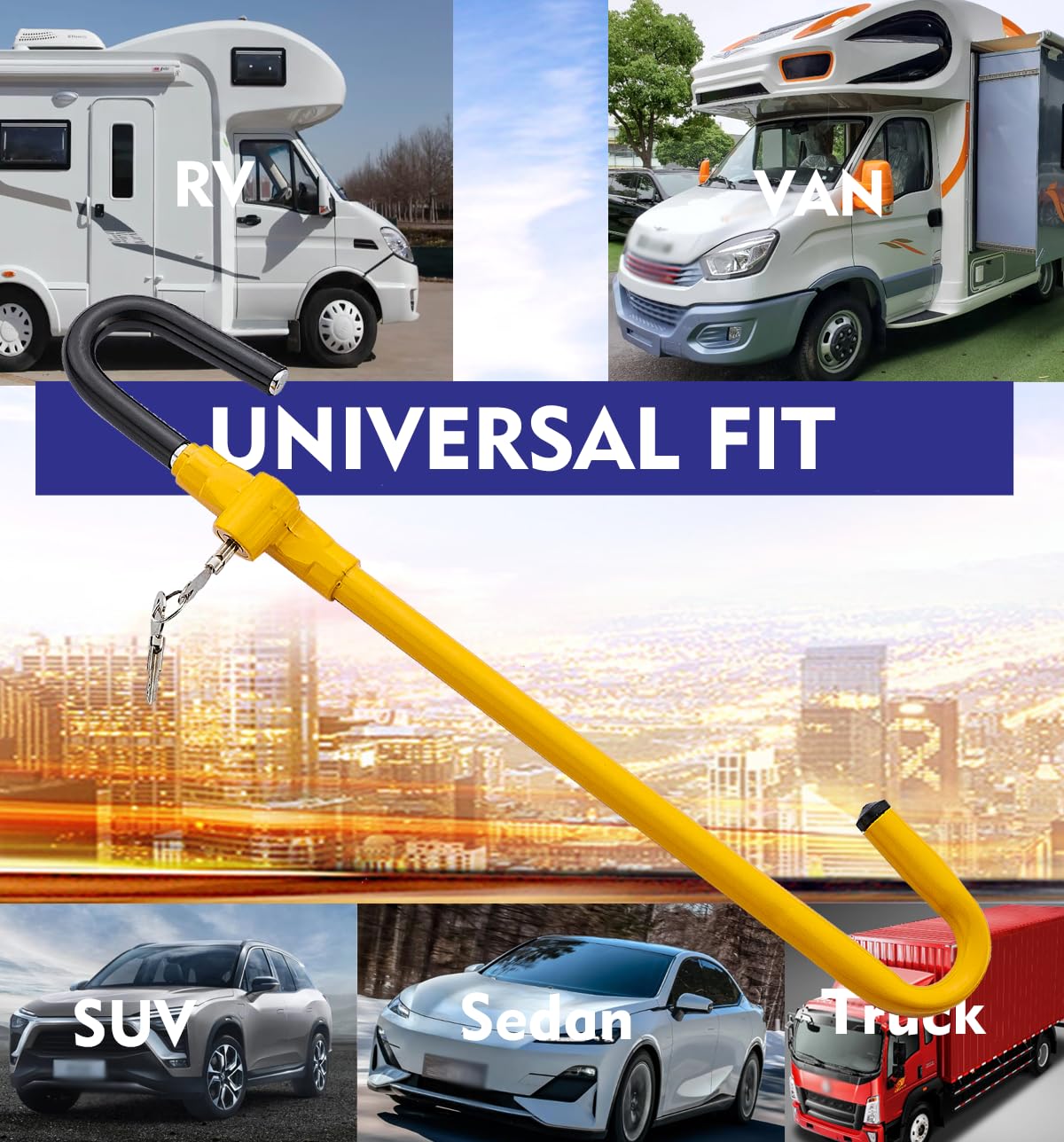 Universal Anti-Theft Steering Wheel Lock for Cars - Retractable Hook Design with Pedal Brake Lock | Yellow Security Device for Vehicle Protection | Perfect for Parking Security & Theft Prevention