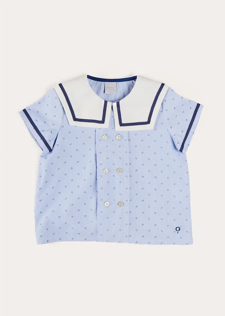 Lyall Stripe Anchor Motif Mariner Collar Short Sleeve Shirt - Blue Boys' Nautical Top (12 Months to 6 Years) | Perfect for Beach Outings, Summer Parties & Casual Wear