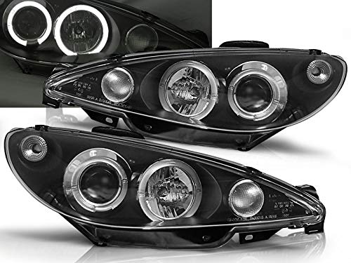 Peugeot 206 Headlight Assembly 2002-2006 - Complete Set with Angel Eyes (Driver & Passenger Side) - Black Car Headlamps for Night Driving & Enhanced Visibility