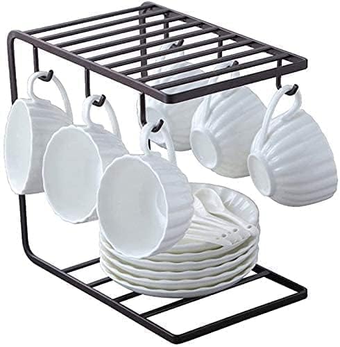 Black Metal Tea & Coffee Cup Holder with 6 Hooks - Kitchen Cabinet & Dining Table Organizer for Mugs, Plates & Utensils - Perfect for Small Space Storage & Home Decor