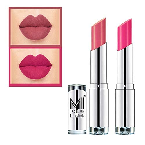 MI FASHION Soft Creamy Matte Lipstick - 100% Rich Pigment, Hydrating & Long Lasting - All Day Comfort for Bold Glam Look - 3.5g (Peach, Pink) - Pack of 2 - Perfect for Parties, Date Nights & Everyday Wear