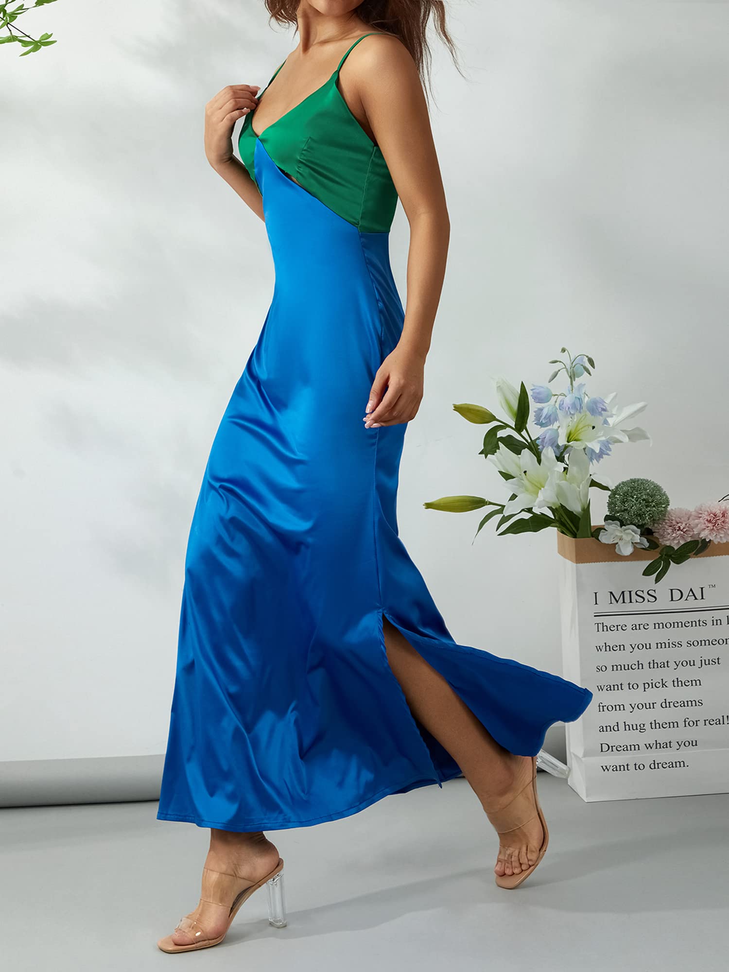 WZTYYDS Women's Elegant Long Slip Dress - Summer Casual Contrast Color V-Neck Sleeveless Slim Beach Dress (Green Blue, Size M) | Perfect for Beach Vacations, Date Nights & Summer Parties