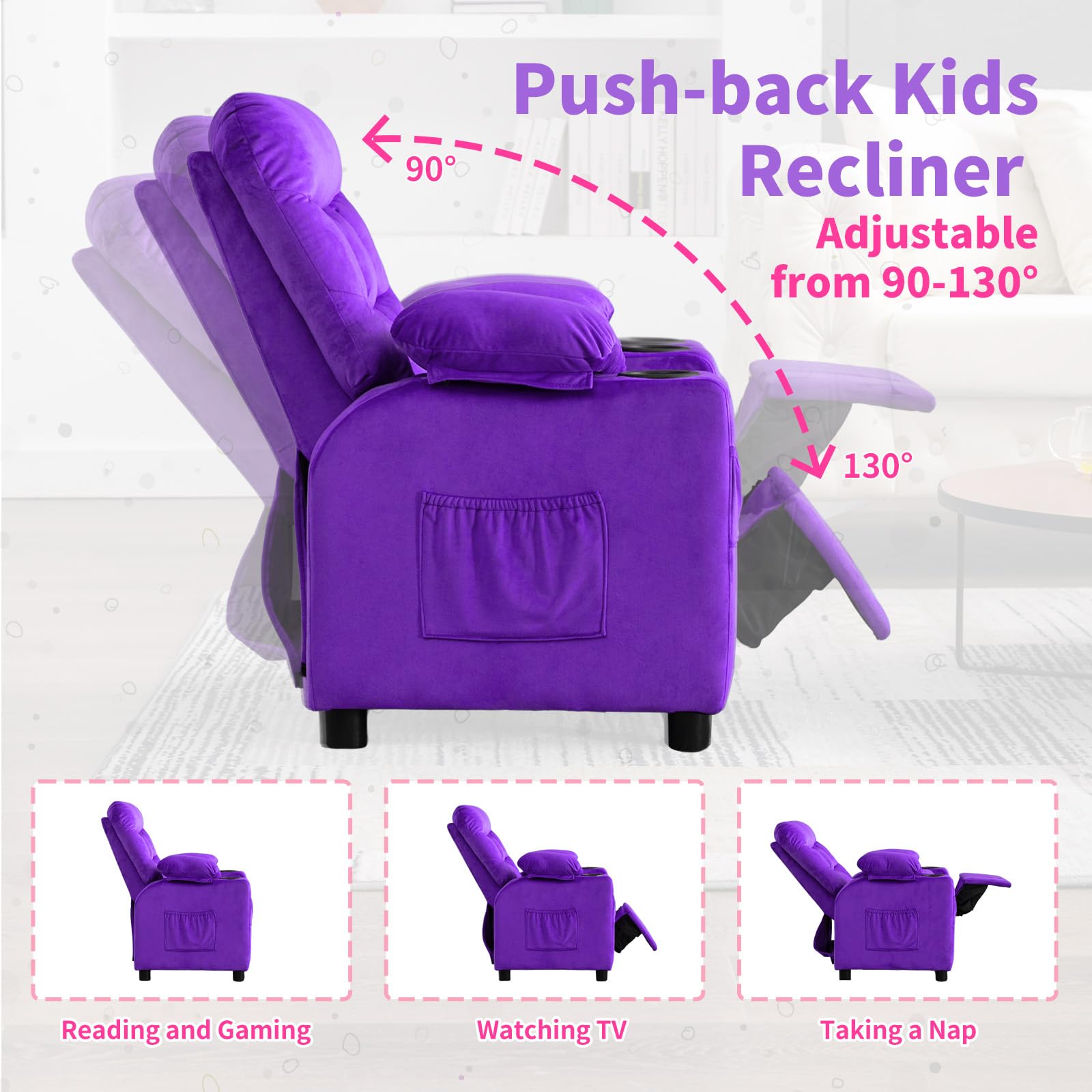**Kids Recliner Chair with Cup Holder & Footrest - Adjustable Velvet Lounge Chair for Toddlers & Children - Ergonomic Design with Side Pockets - Soft Purple Sofa for Boys & Girls Bedroom, Playroom, or TV Room**