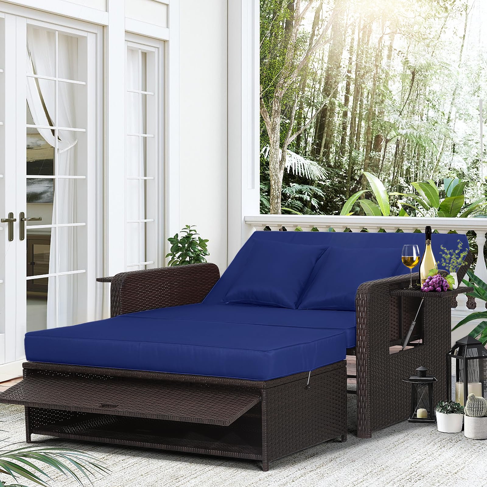 LDAILY Mocha Outdoor Daybed - Adjustable Wicker Loveseat Sofa Set with Storage Ottoman & Cushions - Rattan Double Bed Lounger for Patio, Garden, Poolside or Backyard (Navy)