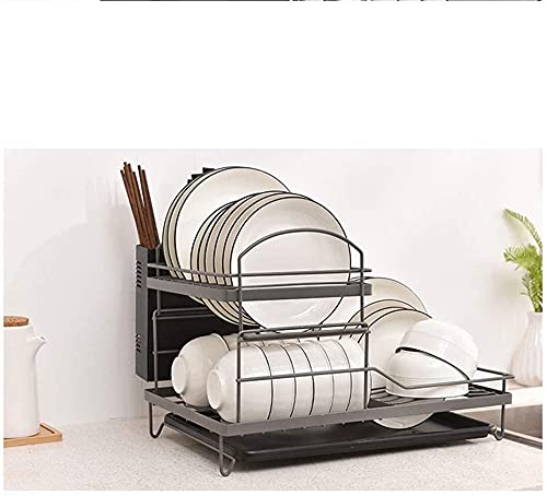 2-Tier Stainless Steel Dish Drying Rack with Drainboard - Space Saving Plate Rack, Utensil Holder & Cup Holder - Perfect for Kitchen Countertop Organization & Dish Drainer for Small Spaces