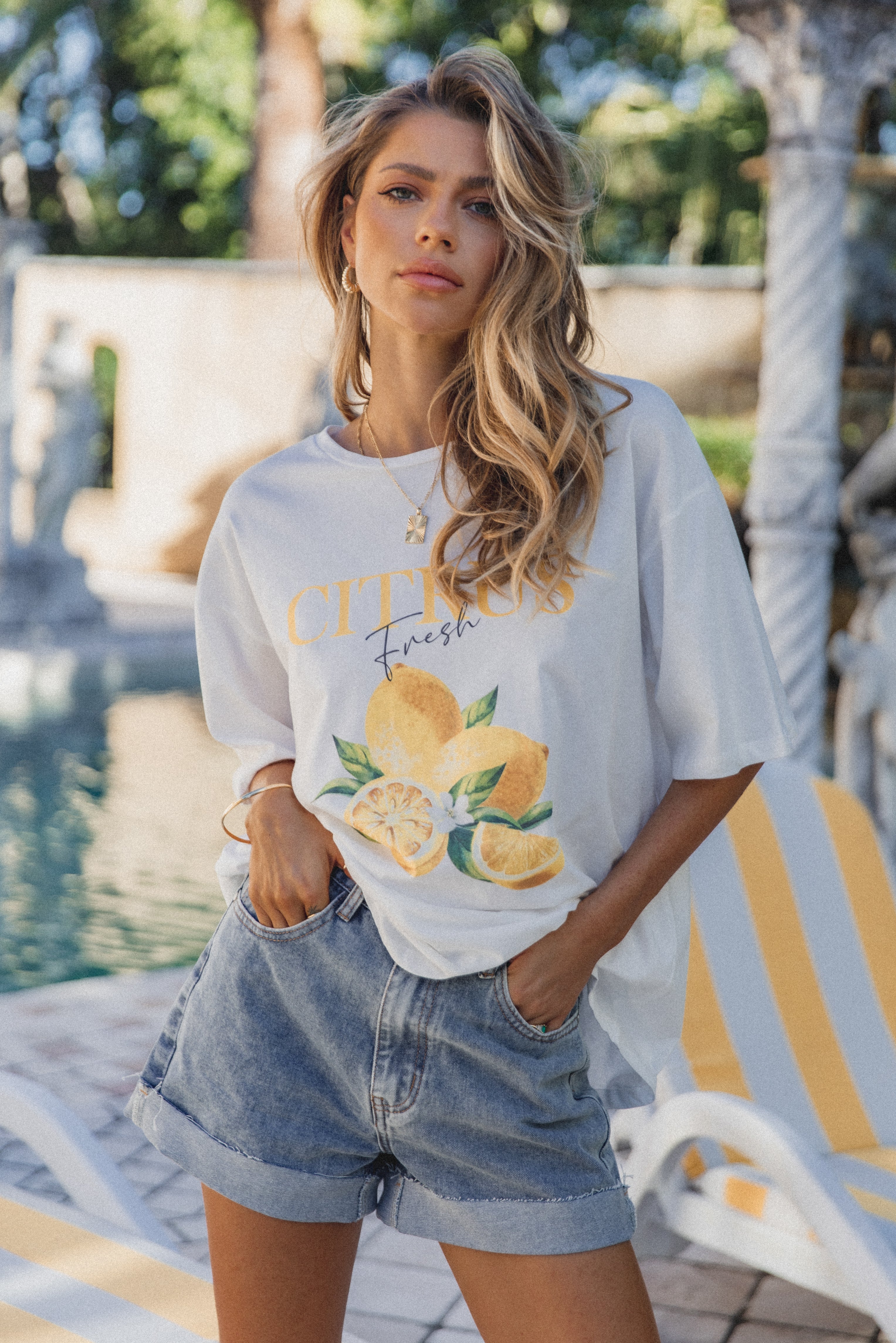 Citrus Print T-Shirt for Women - Soft Cotton White Tee - Casual Summer Top for Outings & Beach Wear
