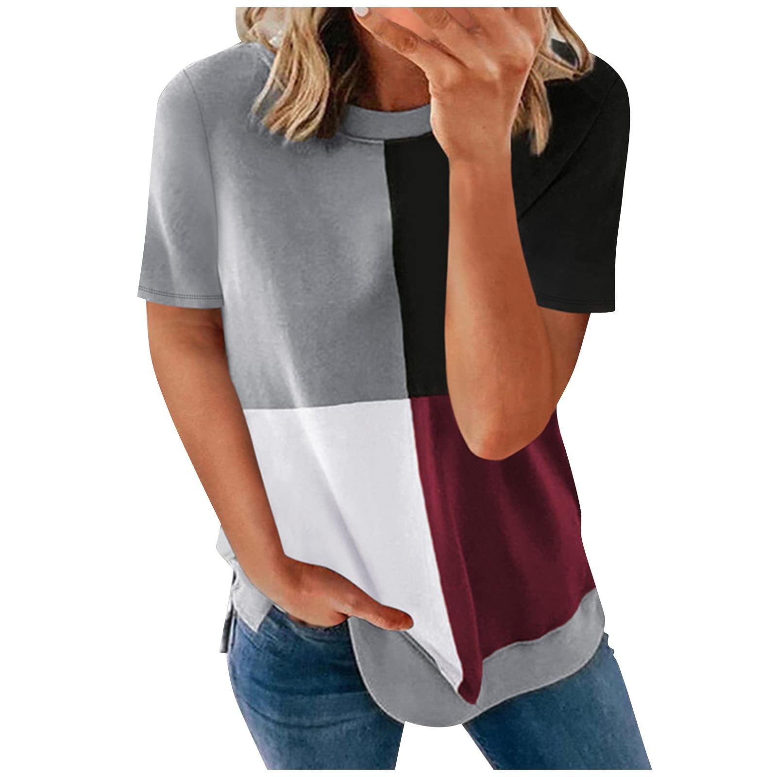 Women's Color Block Short Sleeve T-Shirt - Crew Neck Casual Basic Tee, Loose Fit Comfortable Cotton Top for Everyday Wear, Gym, and Outings