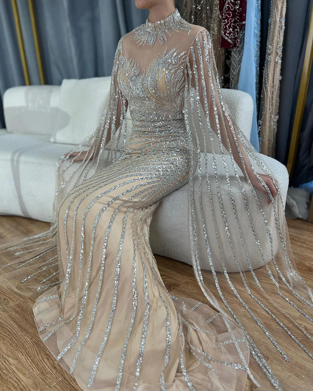 Luxury Dubai Arabic Nude Mermaid Cape Sleeves Lace Beaded Long Evening Dress Gown for Formal Occasions - Perfect for Weddings, Galas & Red Carpet Events LA71885B
