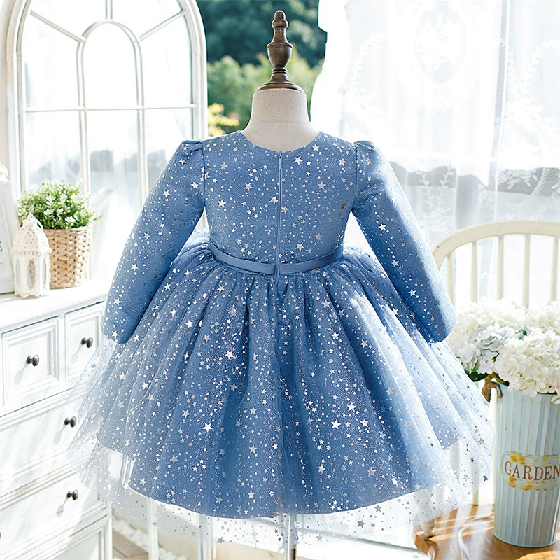 Royal Blue Organza Flower Girl Dress with Princess Round Neckline & Tea-Length Skirt – Perfect for Weddings, Birthday Parties & Special Occasions