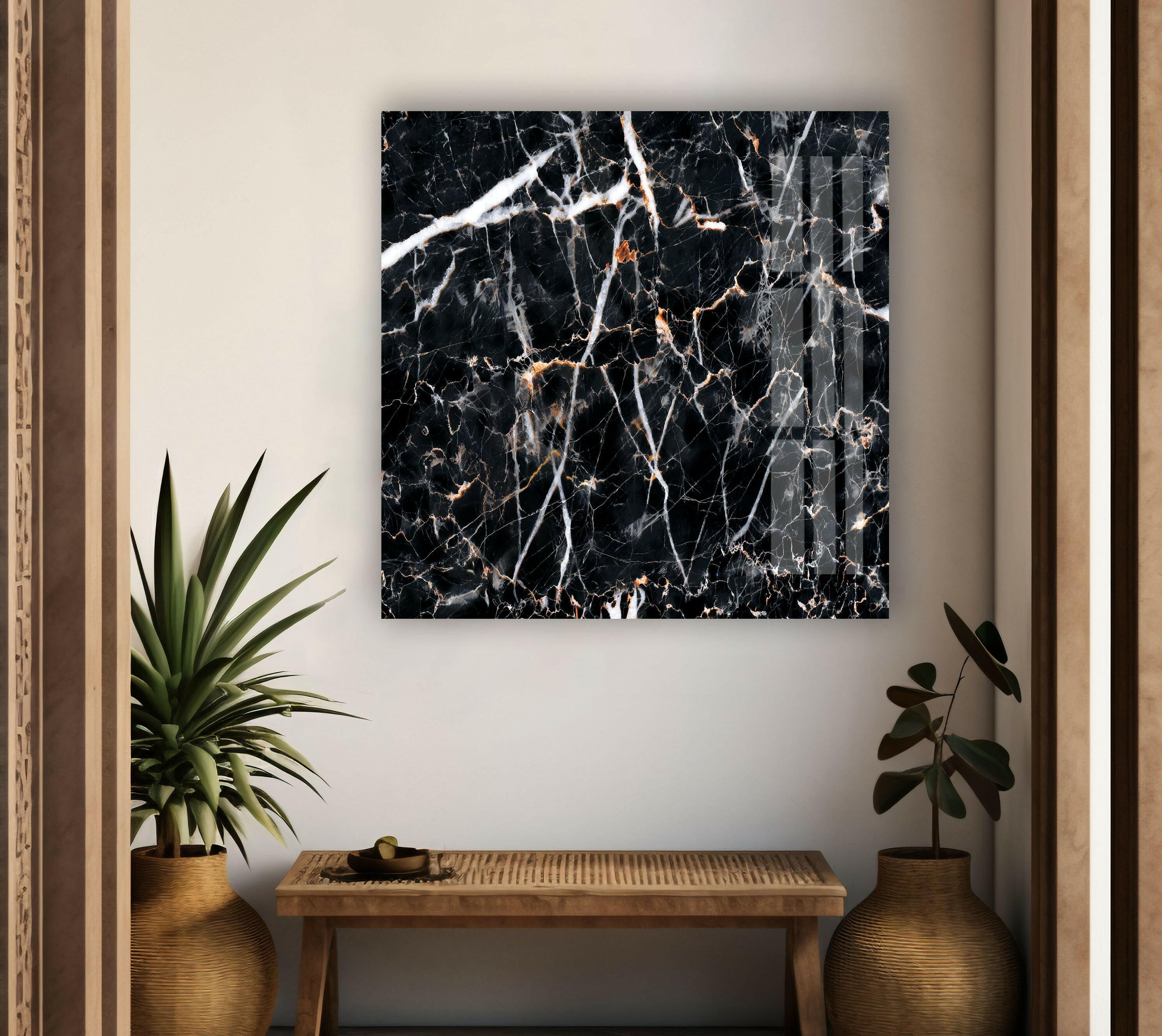 Black Abstract Marble Decor Glass Wall Art - Modern Home & Office Wall Decor for Living Room, Bedroom, Kitchen | Unique Handmade Glass Artwork for Interior Design