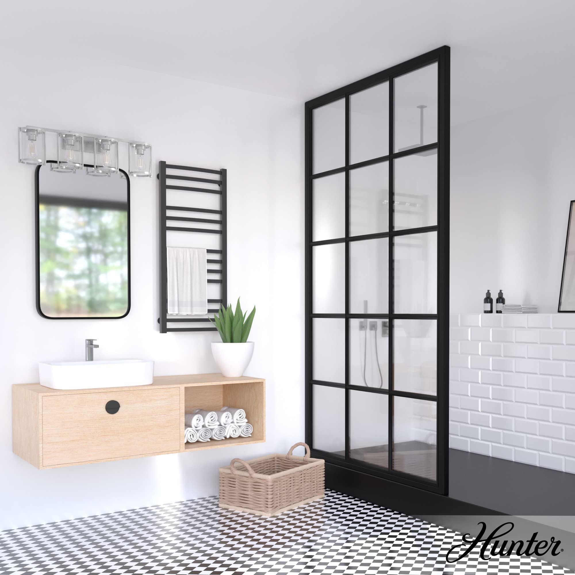 Hunter Astwood 4-Light Brushed Nickel Vanity Light - Dimmable Caged Style Bathroom Fixture for Bedroom, Kitchen, Foyer & Bathroom Lighting (Model 48010) - Perfect for Modern Home Decor & Vanity Mirror Illumination