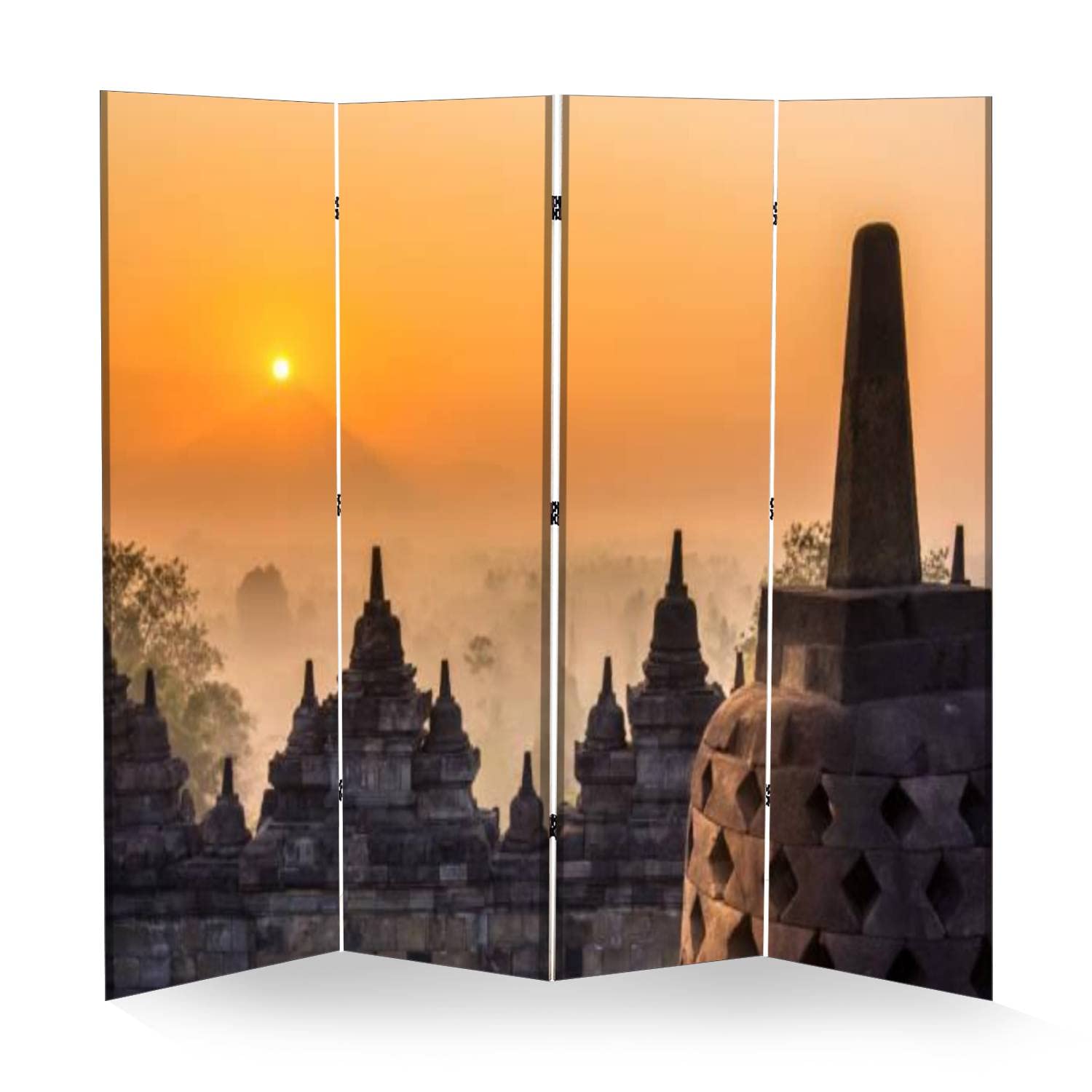 4 Panel Folding Room Divider - Borobudur Temple Inspired Privacy Screen | Portable Freestanding Wall Separator for Home & Office | Perfect for Bedroom, Living Room, and Event Spaces
