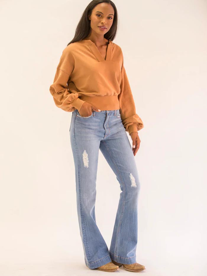 Kimes Ranch Women's Jennifer High Rise Flare Jeans - Light Blue Distressed Denim | Vintage Style Bootcut Jeans for Casual Wear & Night Out