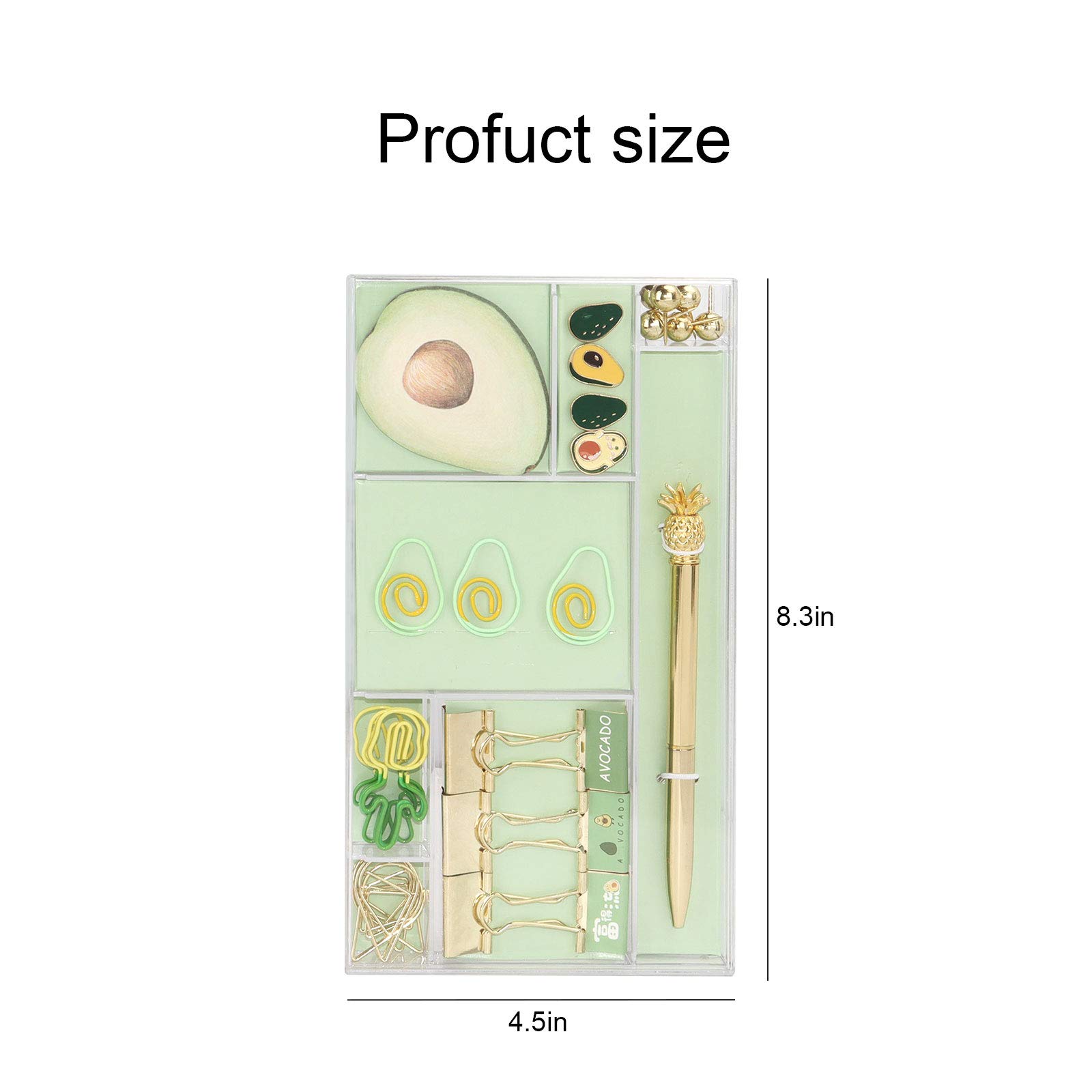 Cute Avocado Office Supplies Set - 33 Pcs Gold & Green Stationery Kit with Paper Clips, Binder Clips, Push Pins, Sticky Notes & Ballpoint Pen for Home, School & Office Organization