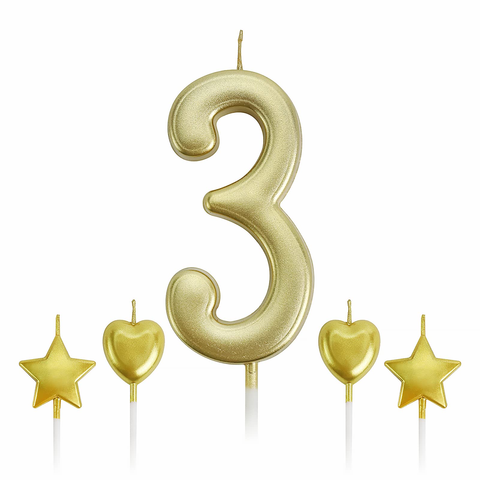 3rd Birthday Candles Gold Number Cake Toppers - Star & Heart Decor for Parties