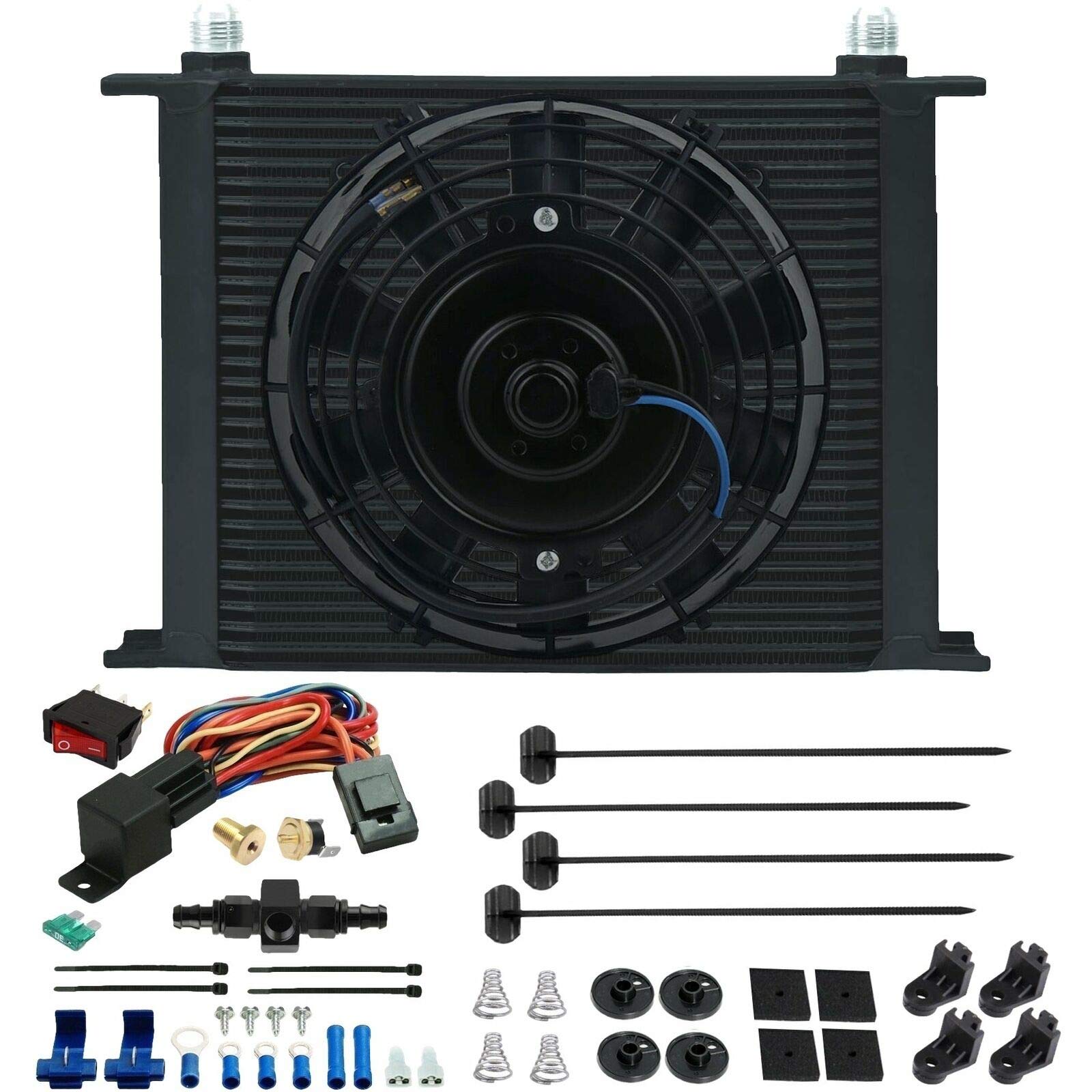 30 Row Transmission Oil Cooler Fan Kit with 6AN In-Line Fittings & 180°F Thermostat Temperature Switch - Perfect for High-Performance Vehicles, Racing, and Heavy-Duty Towing Applications