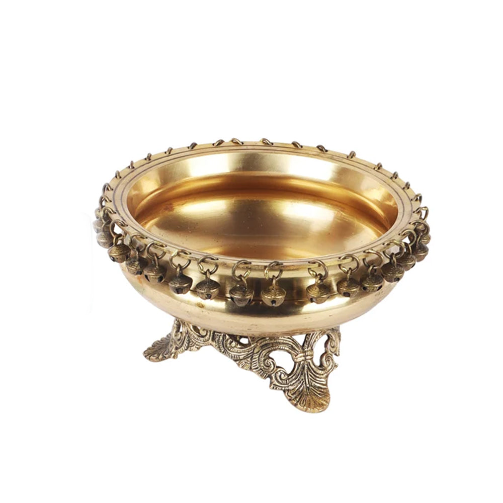 8 Inch Handcrafted Brass Urli Bowl with Ethnic Carved Legs - Traditional Indian Home Decor for Corner Tables, Pooja Room & Living Room Decoration - Perfect for Diwali, Weddings & Festival Decorations