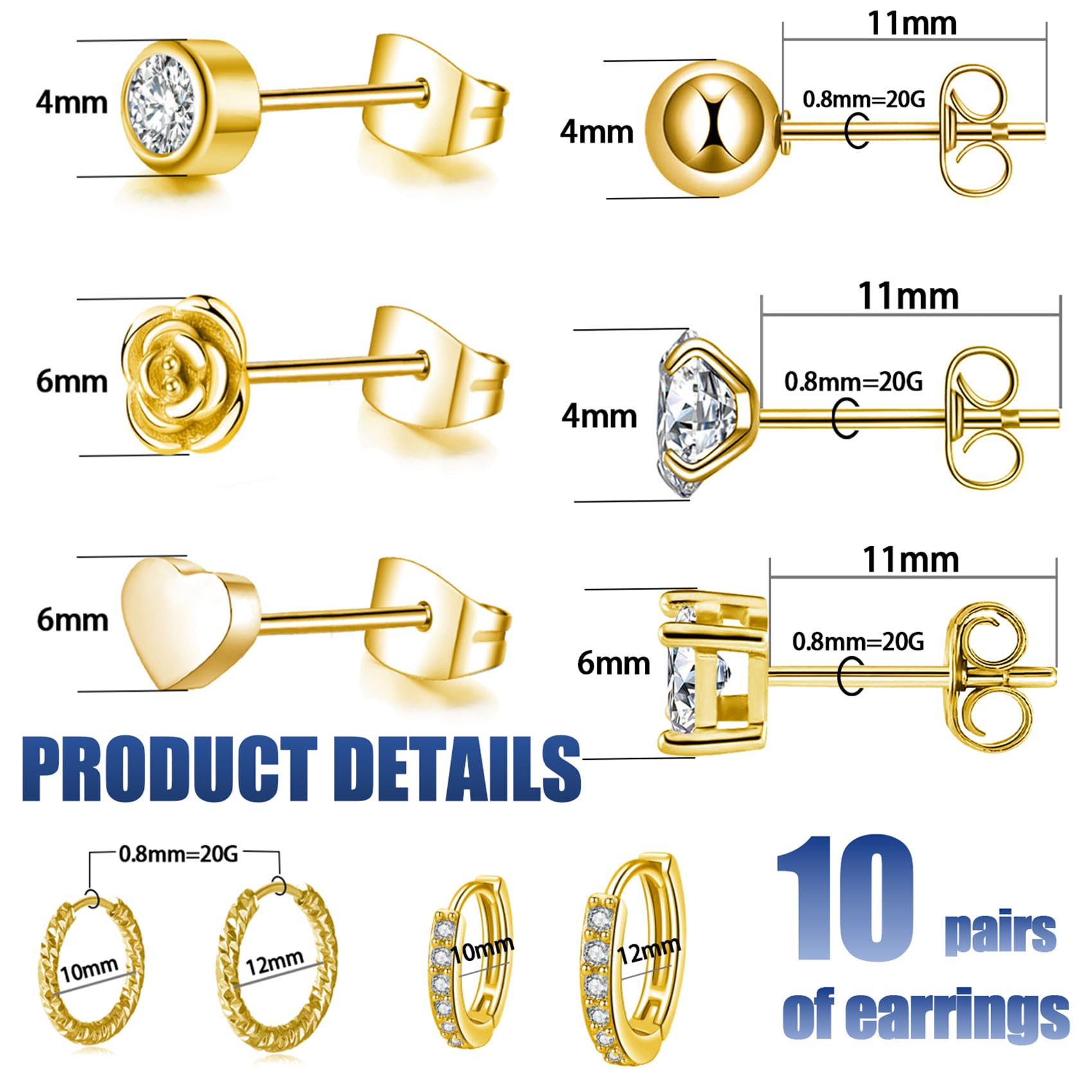 10 Pairs Stainless Steel Stud Earrings for Women & Men - Flower, Heart, Ball & CZ Designs - 20G 10mm & 12mm Hoop Earrings - Cartilage & Lobe Piercing Jewelry - Perfect for Daily Wear, Gifts & Special Occasions