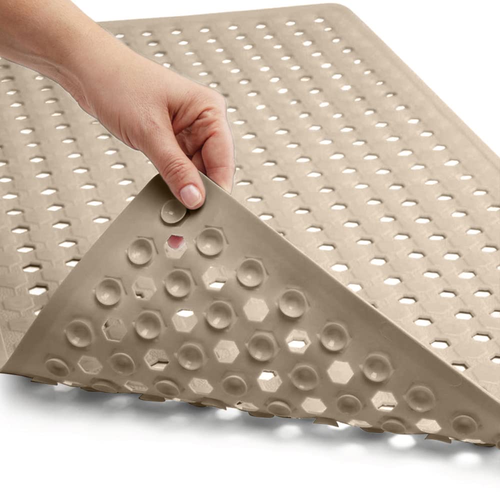 GORILLA GRIP Non-Slip Bathtub Shower Mat with Suction Cups - Machine Washable Bath Mat with Drain Holes - Soft Anti-Slip Tub Floor Liner for Bathroom Safety (35x16 Inch, Beige) - Perfect for Kids, Elderly & Wet Bathroom Floors