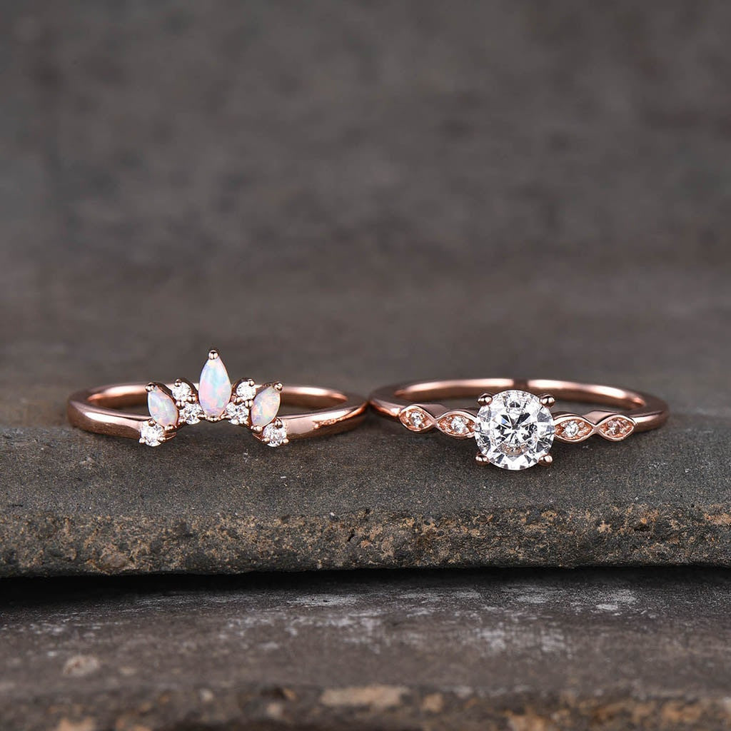 Art Deco Moissanite Engagement Ring & Opal Wedding Band Set - Vintage Inspired Bridal Jewelry for Proposals, Anniversaries & Special Occasions