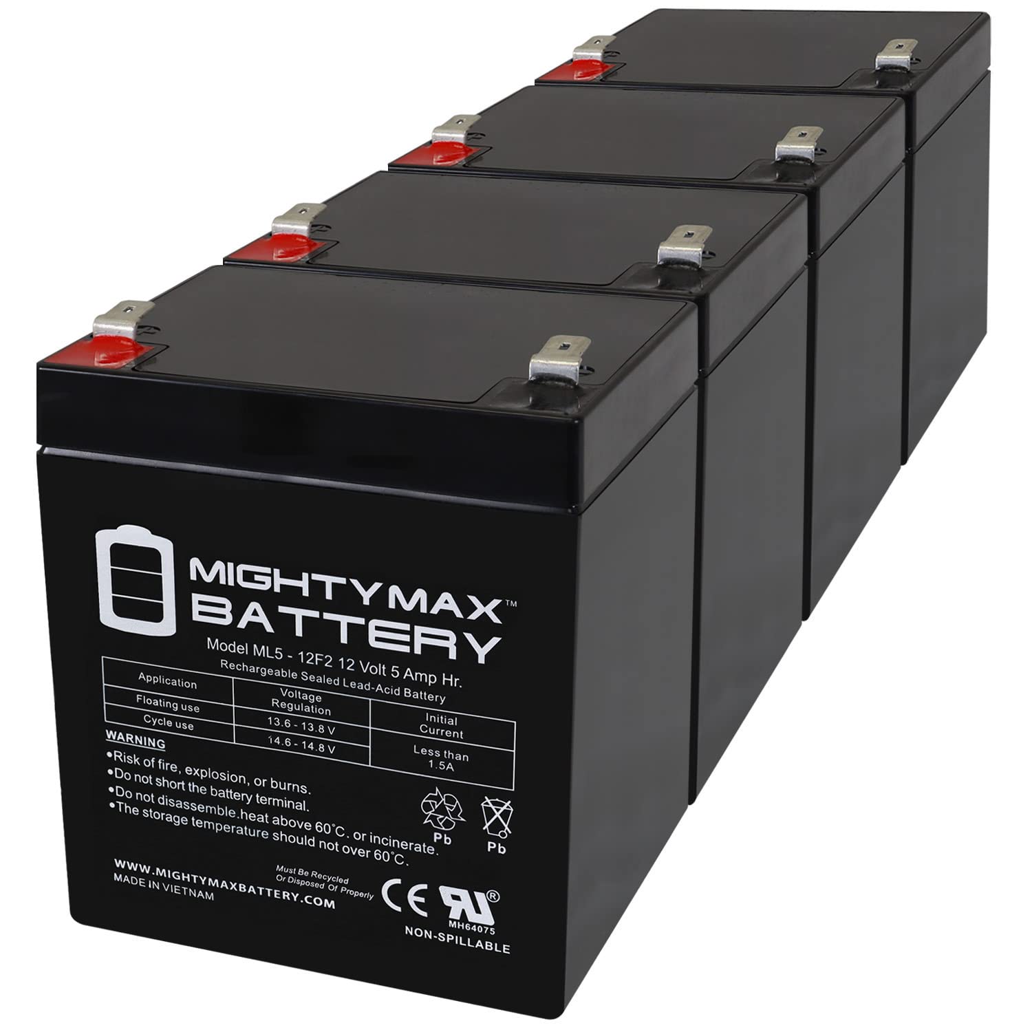 Mighty Max 12V 5Ah F2 SLA Replacement Battery for Niemans PW1240 & MX1240 - 4 Pack - Perfect for Security Systems, Emergency Lighting & Backup Power