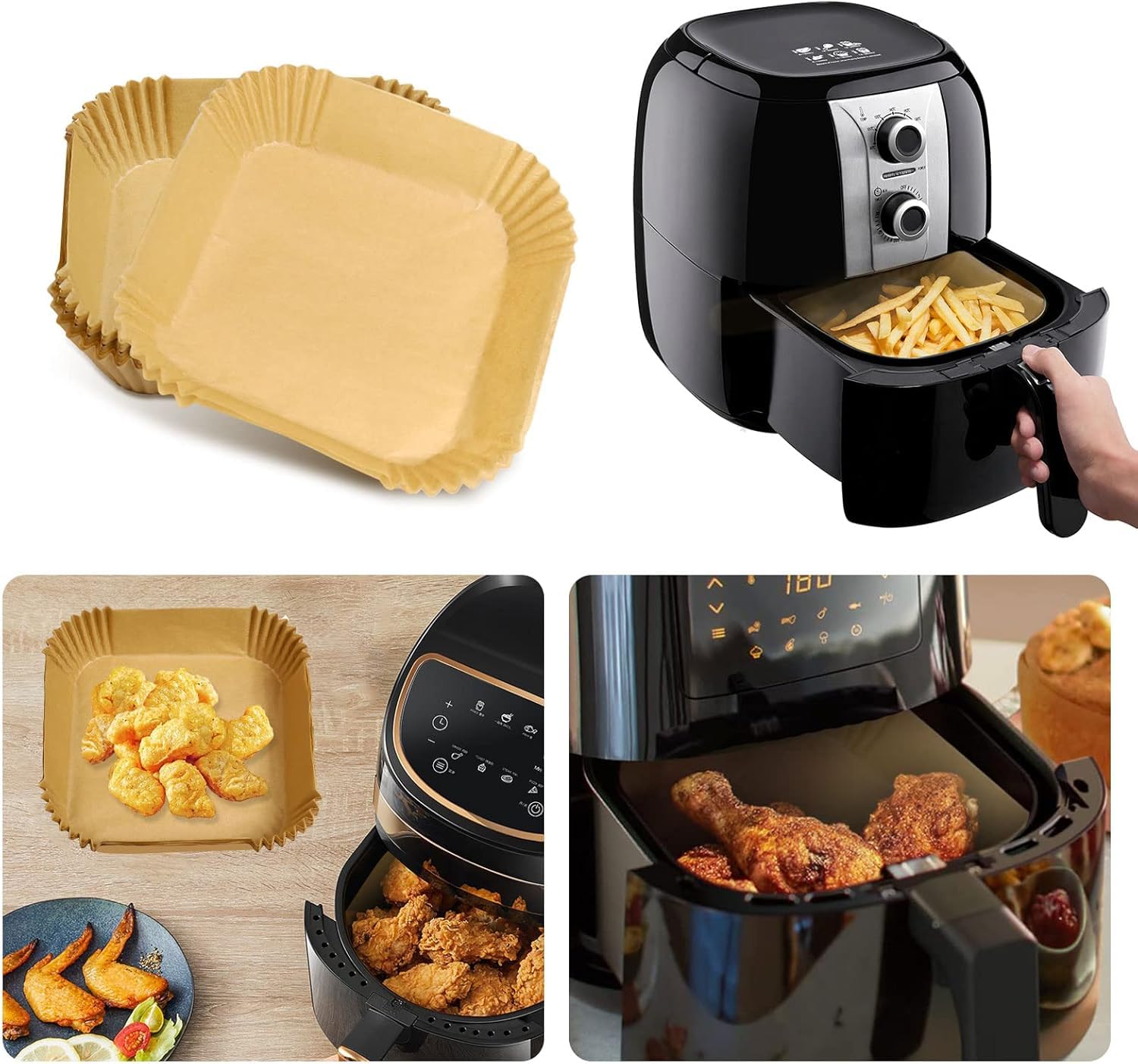 UENMOON 100pcs Square Air Fryer Liners - Non-Stick Silicone Coated Disposable Paper Sheets for Easy Cleanup | Perfect for Air Fryers, Ovens & Baking | Healthy Cooking & Hassle-Free Cleaning