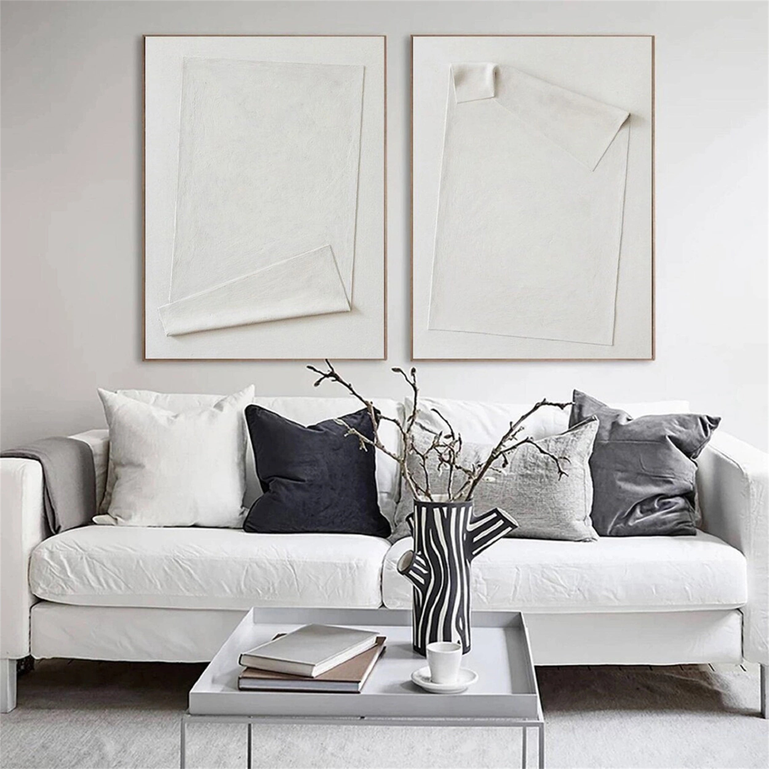 Minimalist White Textured Canvas Paintings Set of 2 - Modern Abstract Wall Art for Living Room & Bedroom Decor #MM145