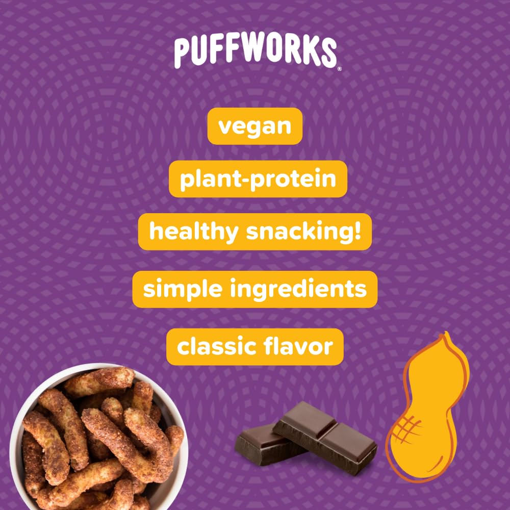 Organic Dark Chocolate Peanut Butter Puffs by Puffworks - 12 Pack (1.2 oz Each) | Vegan, Gluten-Free, Kosher Plant-Based Protein Snack for Kids & Adults | Perfect for Lunchboxes, Hiking & Healthy On-the-Go Snacking