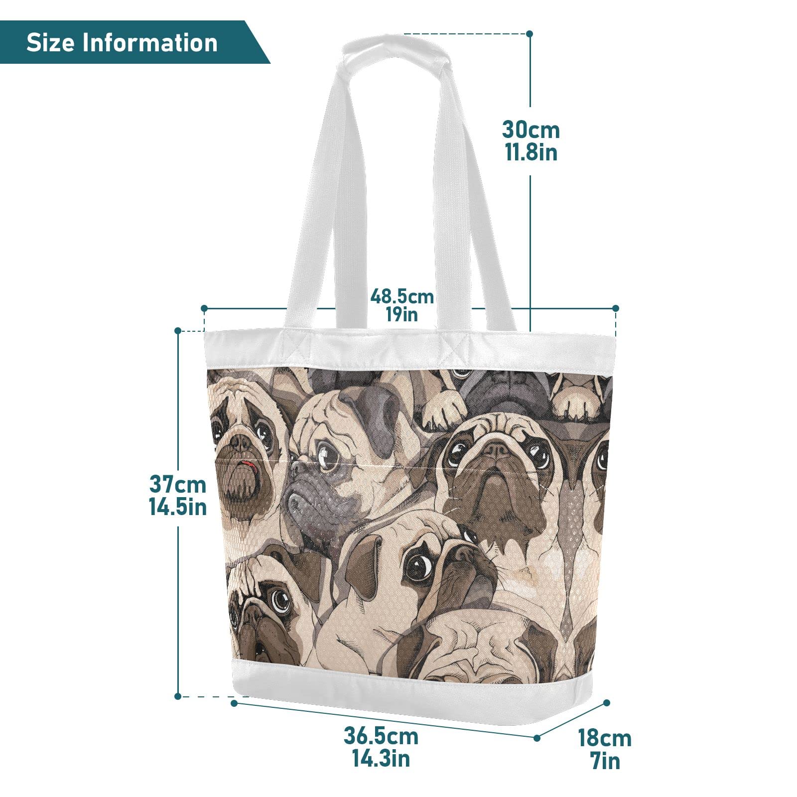 J JOYSAY Portrait Pugs Mesh Beach Tote Bag - Large Waterproof & Sandproof Carry On Bag for Women - Perfect for Beach, Work, Training, Hiking & Outdoor Activities