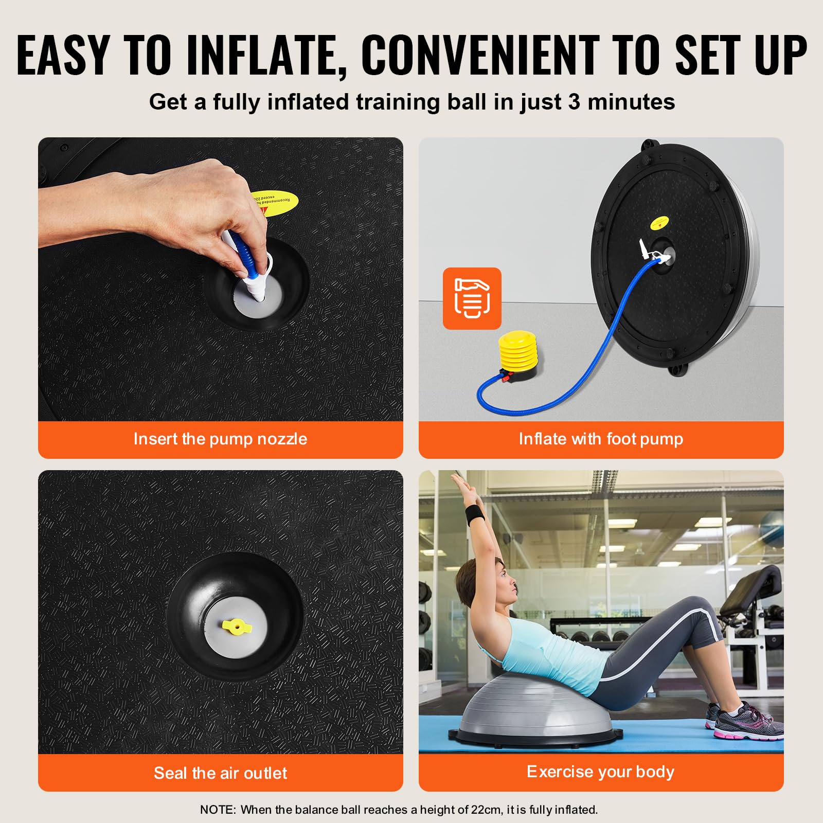 VEVOR 23/26 Inch Half Exercise Ball Trainer - 1500lbs Capacity Stability Ball for Yoga, Strength Training & Full Body Workout - Includes Resistance Bands & Foot Pump - Perfect for Home Gym, Pilates, Core Workouts & Physical Therapy (Black)