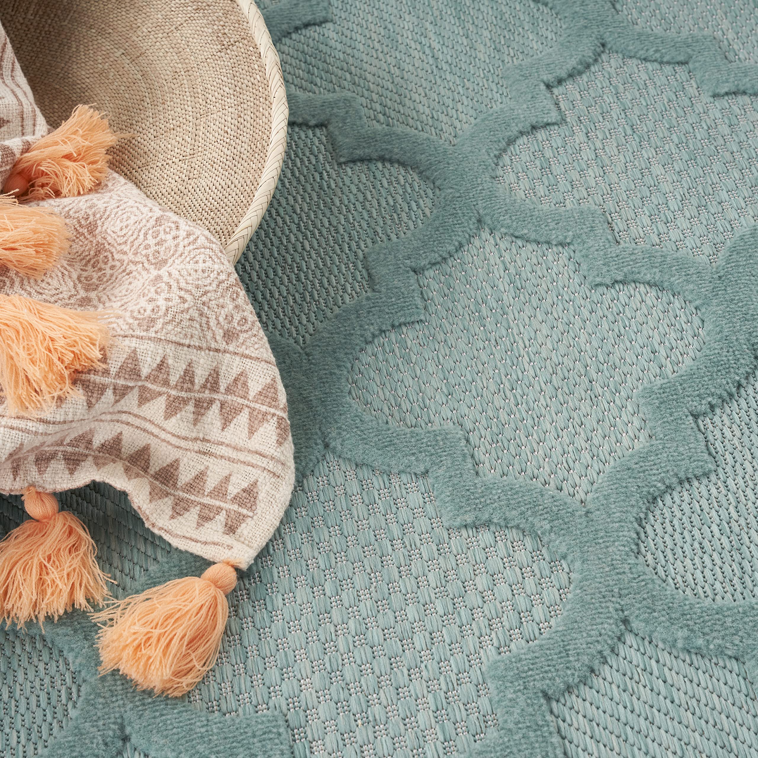 Nourison Easy Care Moroccan Aqua/Teal 6' x 9' Area Rug - Trellis Pattern, Stain Resistant & Non-Shedding for Easy Cleaning | Perfect for Living Room, Bedroom, Dining Room, Backyard, Deck & Patio Decor (6x9)