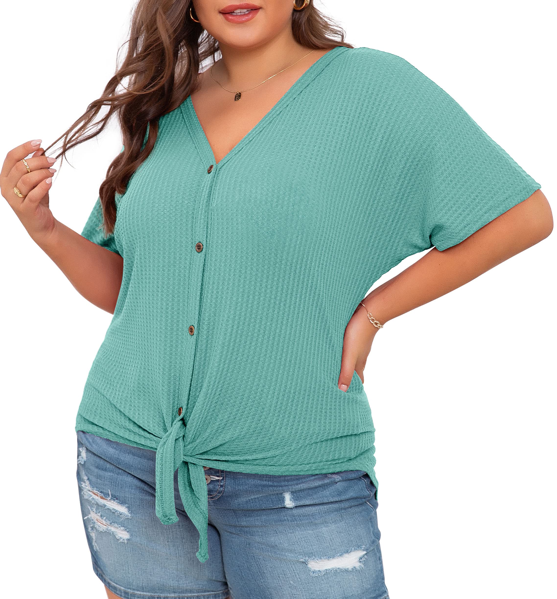 OLRIK Women's Plus Size Short Sleeve V-Neck Waffle Knit Tunic Blouse - Tie Front Button Up T-Shirt for Casual Wear, Office & Date Night
