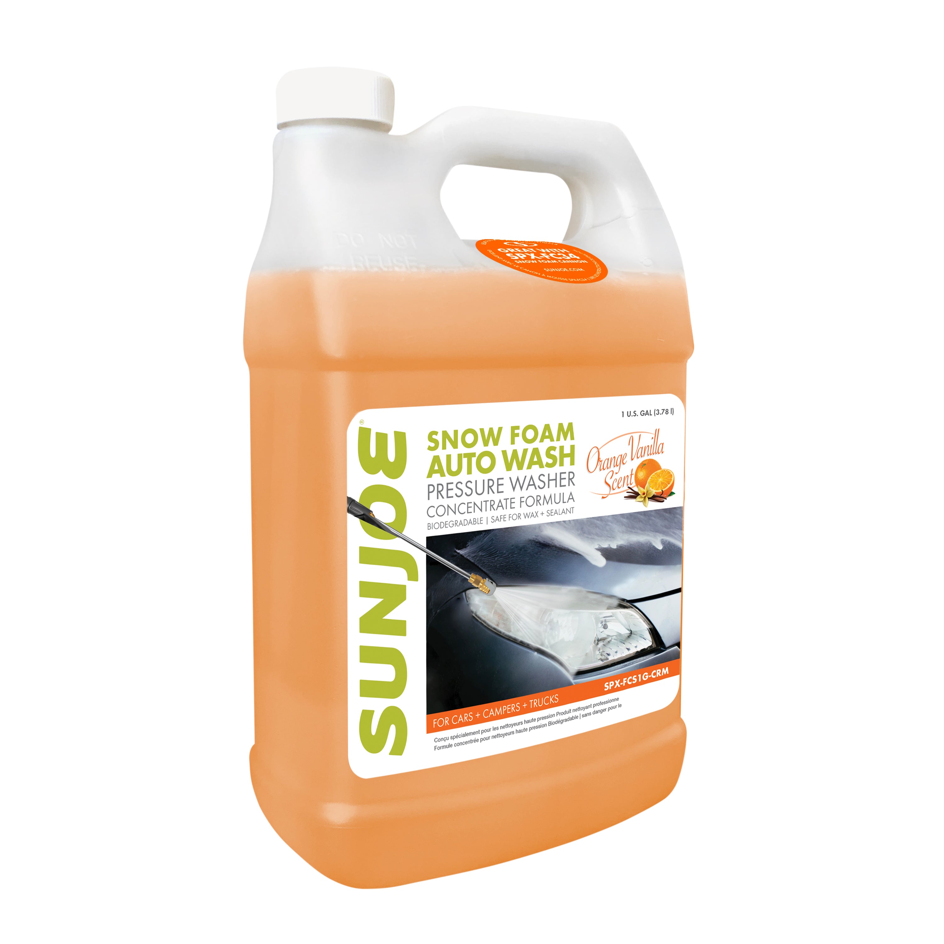 Sun Joe SPX FCS1G CRM Premium Snow Foam Car Wash Soap & Cleaner - 1 Gallon, Orange Vanilla Scent | Best for Foam Cannon, Pressure Washer & Hand Washing | Leaves Cars Shiny & Protected