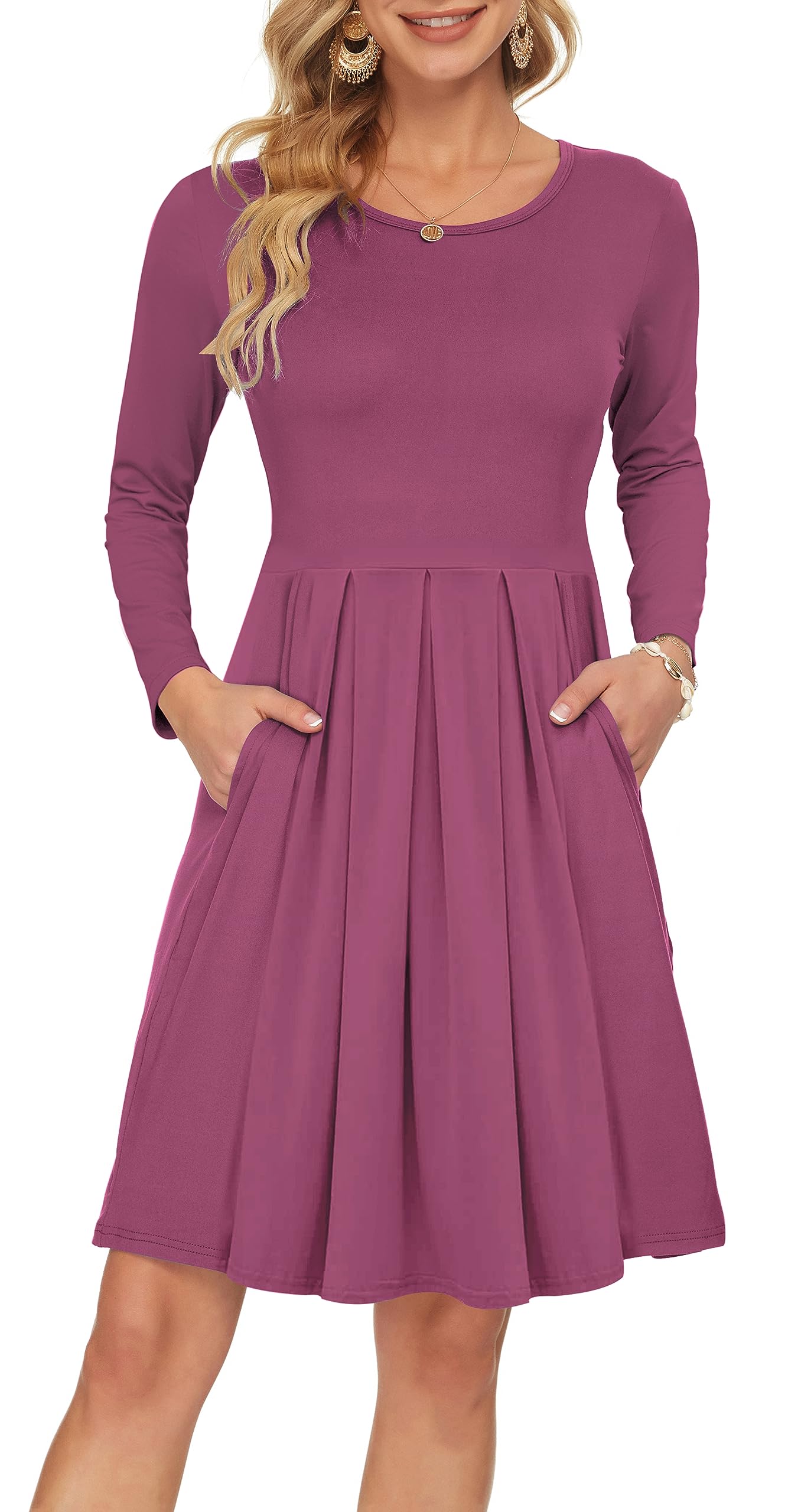 AUSELILY Women's Long Sleeve Pleated Swing Dress with Pockets - Knee Length Casual Loose Fit Dress for Everyday Wear, Office & Spring Outfits 2025 New