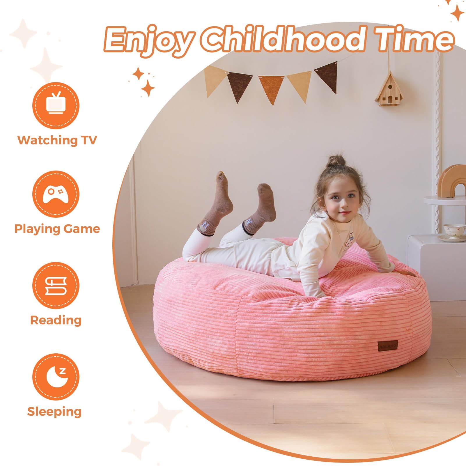 MAXYOYO 3-in-1 Kids Convertible Bean Bag Chair & Bed - Corduroy Round Floor Sofa for Children | Pink Gaming & Reading Chair | Perfect for Playrooms, Bedrooms & Dorm Rooms