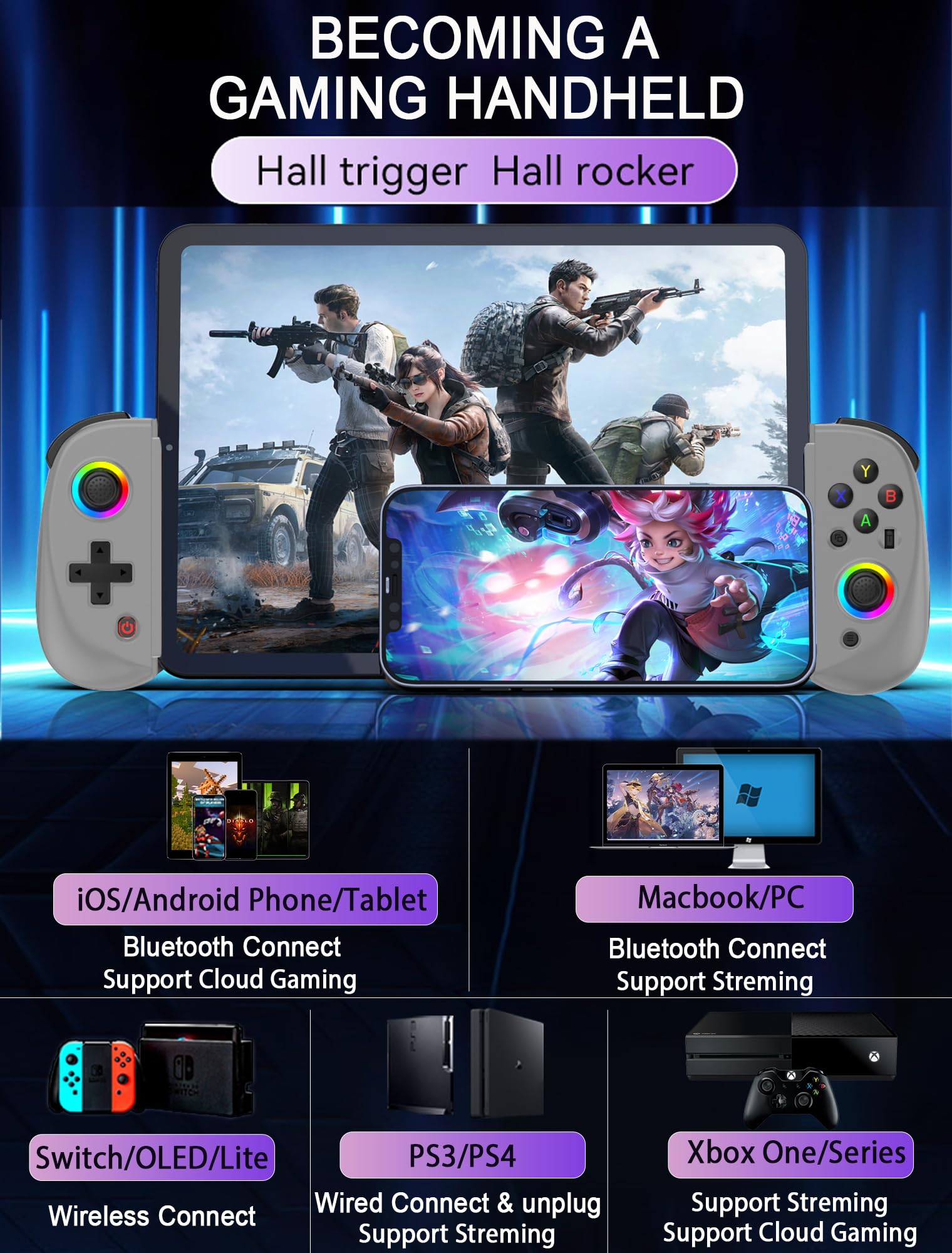 Wireless Controller for iPad/iPhone/Android/PC/Switch - RGB Gamepad for Cloud Gaming & Streaming