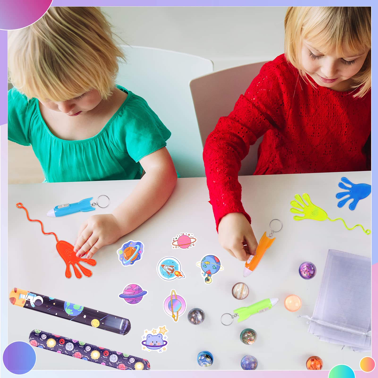 Pllieay 110pcs Outer Space Party Supplies for Kids - Bouncy Balls, Sticky Hands & Slap Bracelets - Space Themed Birthday & Christmas Gifts, Goodie Bag Fillers, Pinata Stuffers & Classroom Prizes - Perfect for Space Parties, School Rewards & Holiday Celebrations