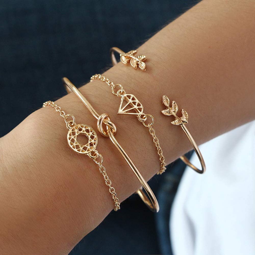 4Pcs Rose Gold Crystal Cuff Bangle Bracelet Set for Women - Elegant Flower Design Jewelry for Bracelet & Anklet - Perfect for Parties, Weddings & Date Nights