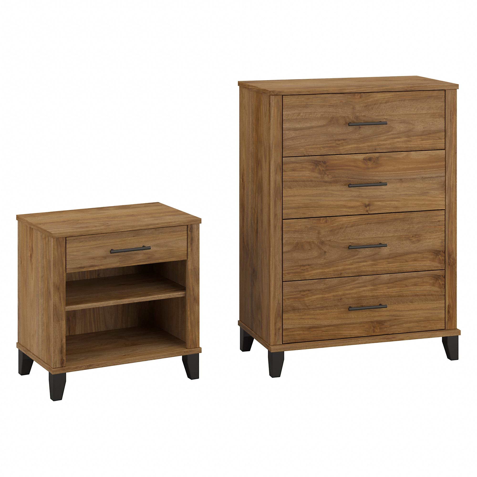 Bush Furniture Somerset 5-Drawer Chest and Nightstand Set in Fresh Walnut - Bedroom Storage Dresser with Mirror for Master & Guest Rooms